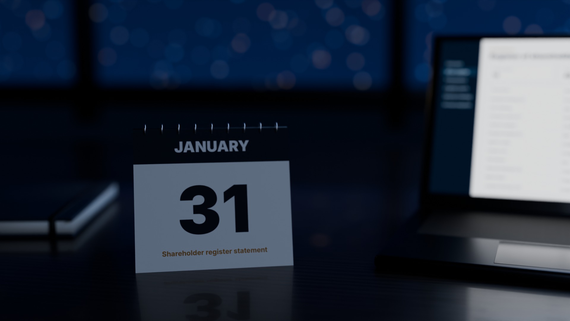 Desk calendar showing 31 January, with a laptop displaying a share register behind it. A reminder of the shareholder register statement deadline.